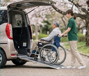 車から降りるご利用者さまを介助する様子